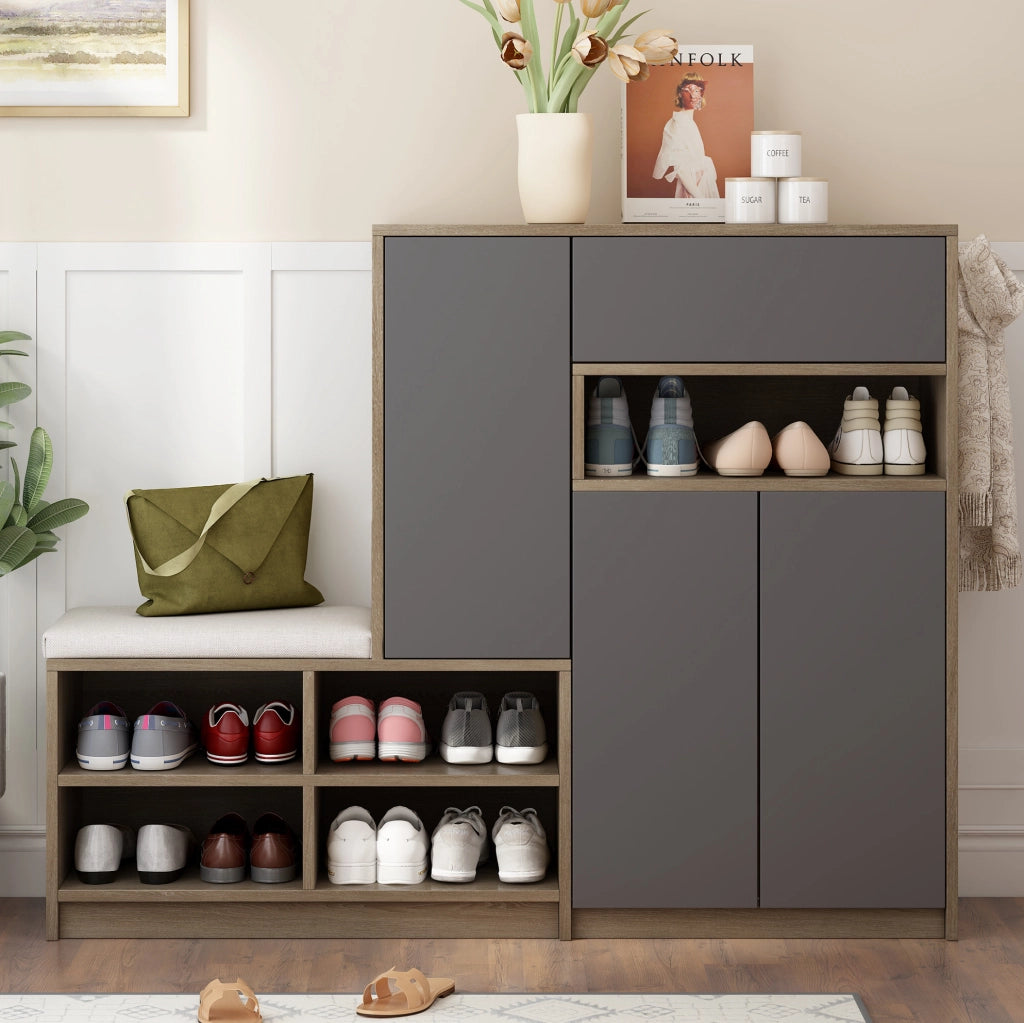 Mobile portascarpe con panca imbottita e ripiani regolabili, grigio, 140x35x110 cm