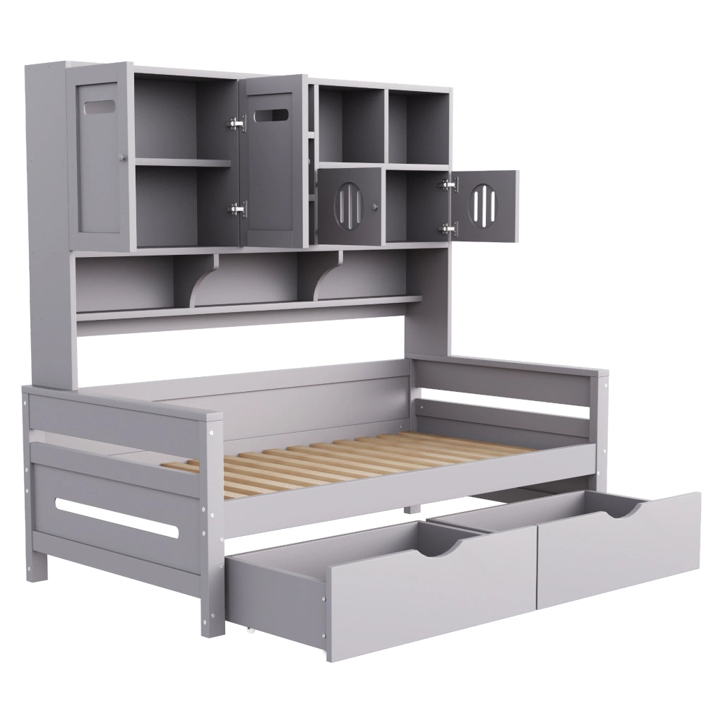 OKWISH Letto Divano 90×200 cm, Letto Singolo con 2 Cassetti, Vani Contenitore e Armadietti, senza Materasso, Legno, Grigio