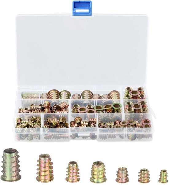Set di viti a dado 130 pezzi - Miscelanza di viti - Assortimento M4/M5/M6/M8/M10 - Viti a dado interne - Per legno - Scatola di conservazione trasparente - Viti a dado