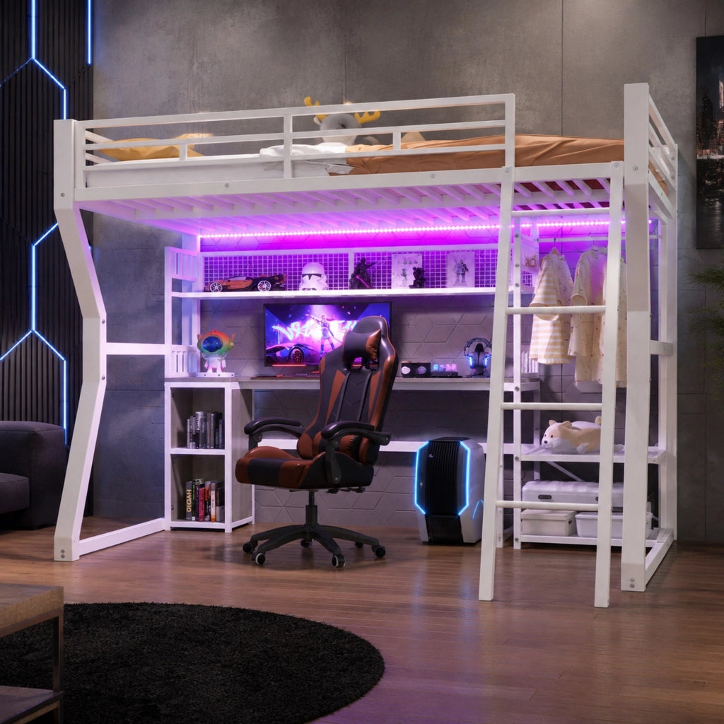 Letto a soppalco 140x200 cm con scrivania, luce LED e presa, bianco