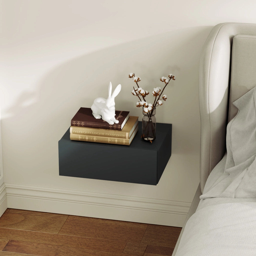 Comodino Sospeso Moderno 40x30x15 cm con Cassetto in Legno Nero