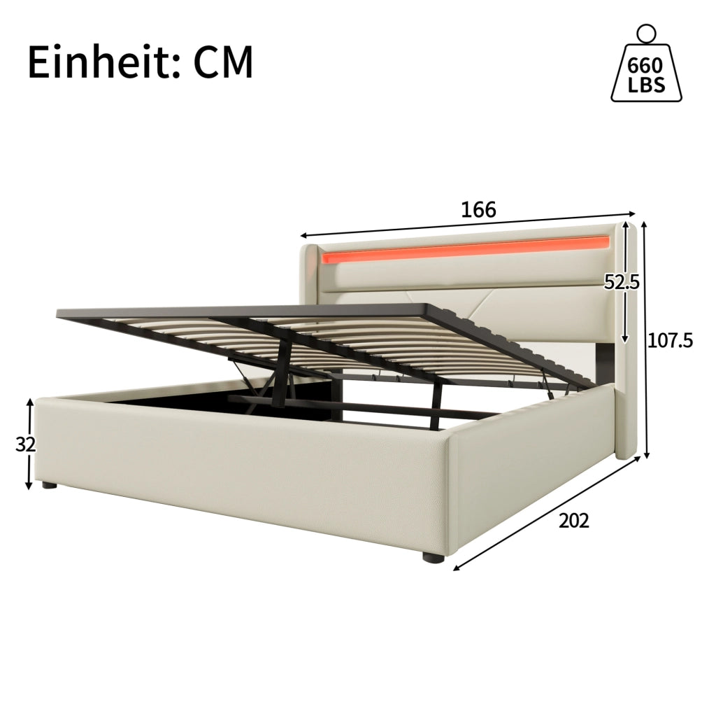 Polsterbett 160x200 cm con contenitore; illuminazione LED; idraulico; bianco in PU