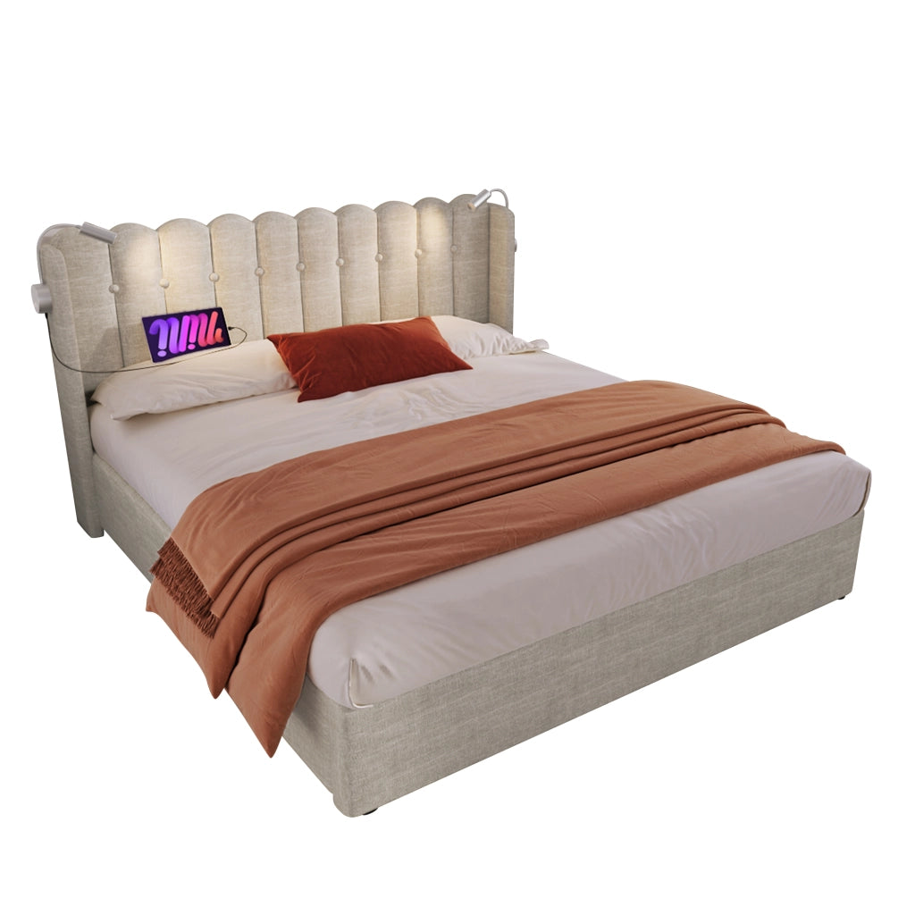 Letto matrimoniale 140x200 in lino con luce di lettura, porta USB e contenitore