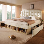 Letto matrimoniale 140x190 cm, rivestimento in velluto, testiera regolabile, 2 cassetti, beige