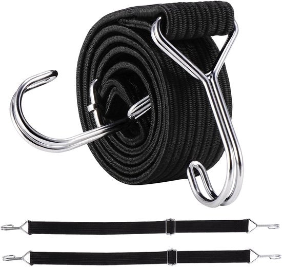 Set di espander spanbandi con ganci, piano, regolabile, elastico rigido con ganci metallici, spanner in gomma extra resistente, elastici per tende, giardino, bicicletta, auto, vela, nero