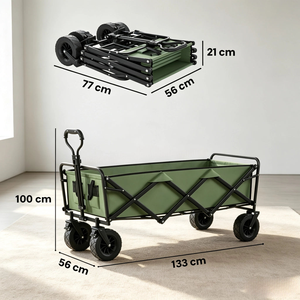 Carrello da giardino pieghevole con ruote, freni, maniglia regolabile e doppia borsa