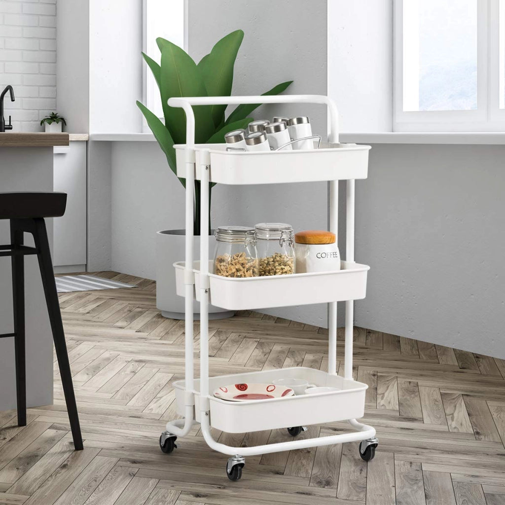 Carrello con 3 cesti e Maniglia, Carrello Multifunzione con Ruote, 87 x 35 x 42 cm，Nero/Bianco (Bianco)