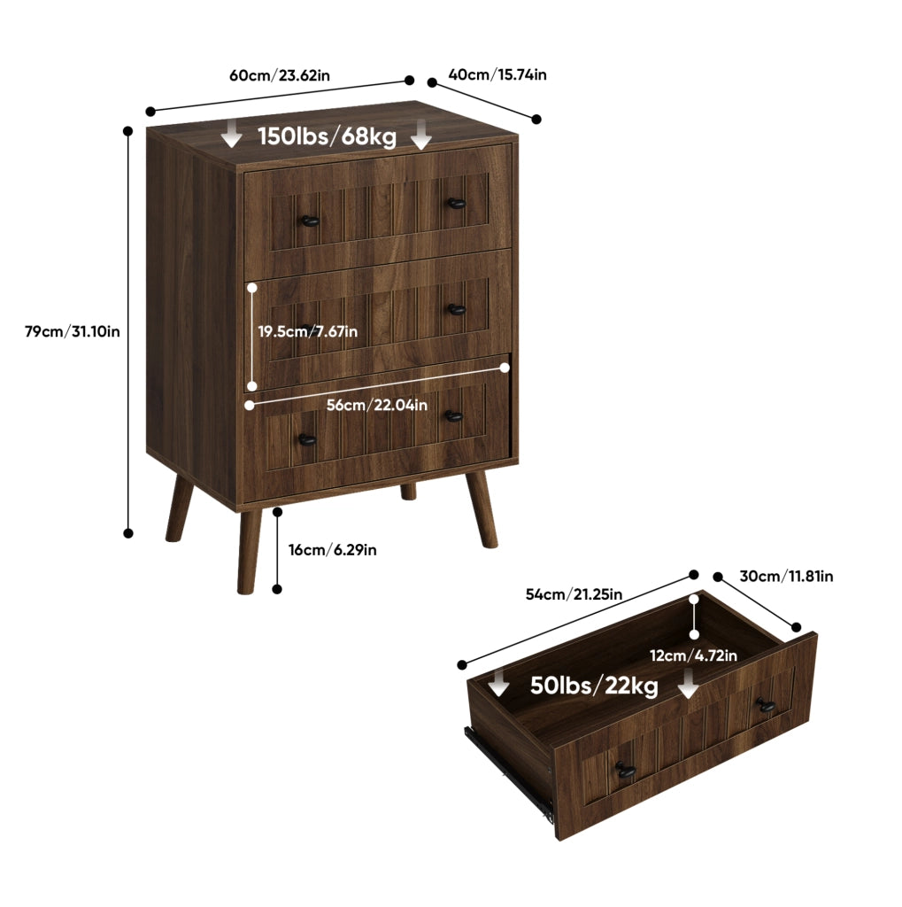 Cassettiera a 3 cassetti in MDF; 60 x 40 x 79 cm; colore noce; maniglie nere
