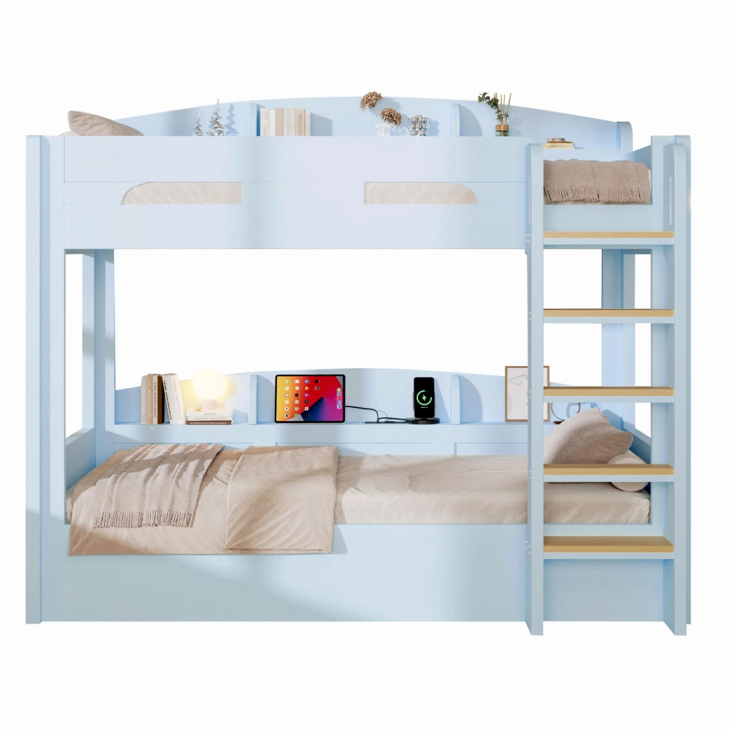 Letto a castello con letto inferiore e presa USB, mensole integrate, colore azzurro chiaro