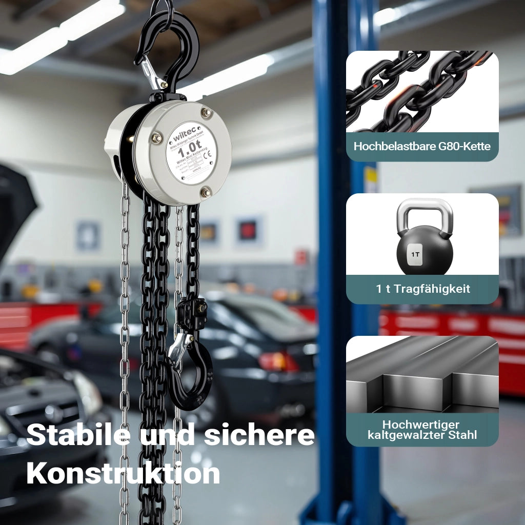 Mini paranco a catena manuale VSK-1, capacità di carico 1 t, altezza di sollevamento 3 m, per sollevare e abbassare carichi pesanti in officine, magazzini e cantieri, per impieghi gravosi