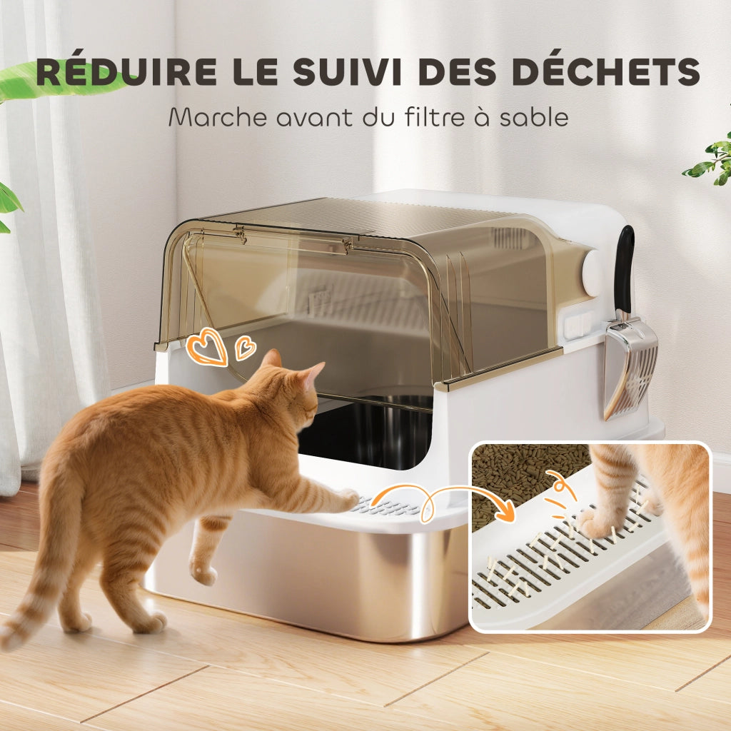 Lettiera chiusa per gatti in acciaio inox ¨C Xylo ¨C con paletta, 70x50x46,5 cm, bianco