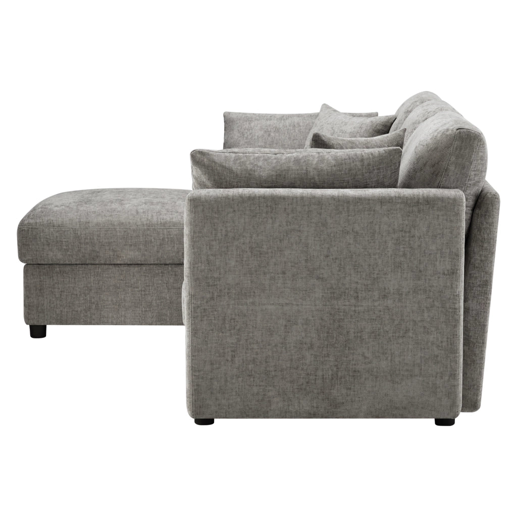 Divano angolare a L con pouf - Zephmum- Trasformabile in 3 posti, 4 cuscini, braccioli regolabili, tessuto chenille, grigio