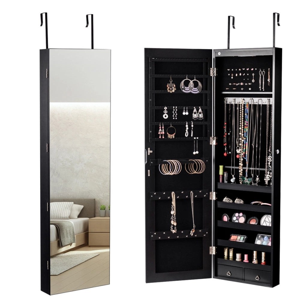 Armadio portagioie con specchio in legno a parete con LED interno 35,5x10x120cm Nero