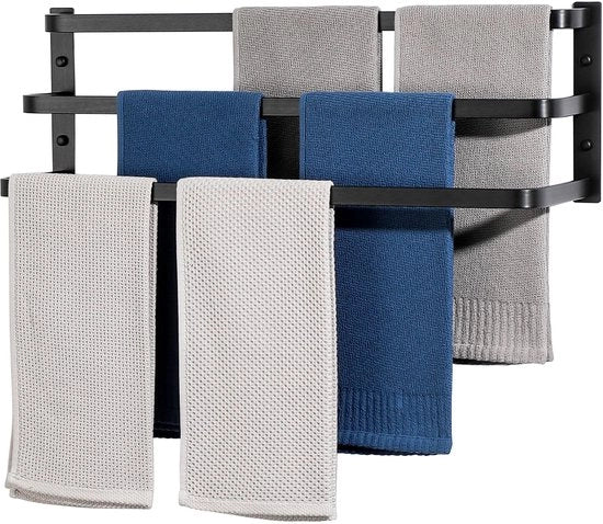 Supporto asciugamano nero Supporto asciugamano multifunzionale per ospiti Montaggio a parete Tre pannelli di asciugamano per bagno e cucina 64CM