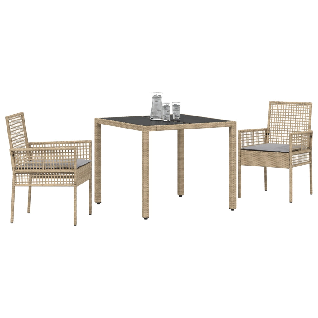 Set da Pranzo da Giardino a 3 Pezzi con Cuscini Beige in Polyrattan