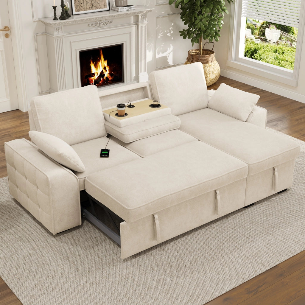 Divano angolare 3 posti in chenille con contenitore, letto estraibile, tavolino con portabicchieri e USB, beige, 237x141x86 cm
