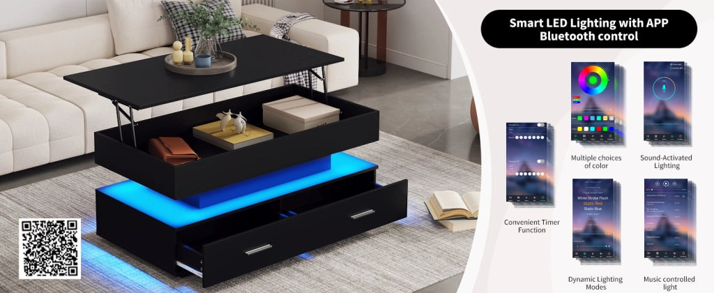 Tavolino basso sollevabile con LED e Bluetooth, 2 cassetti, vano aperto e vano nascosto, per soggiorno, nero, 100 × 50 × 44 cm