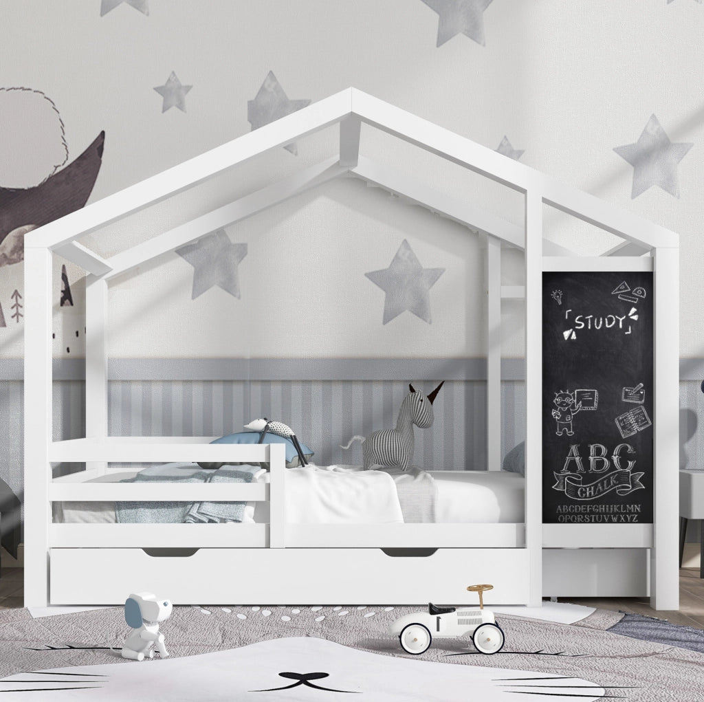 Letto a casetta 90x200 cm con lavagna e 2 cassetti; bianco