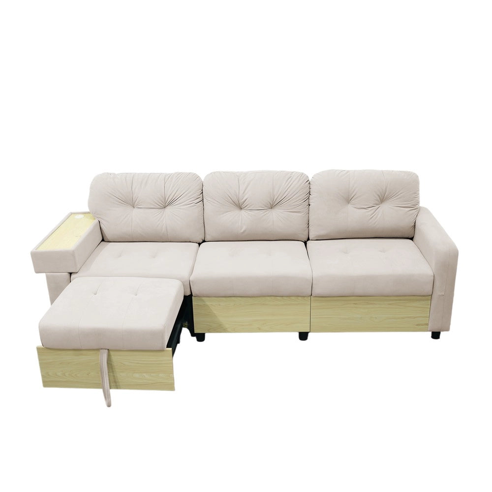 Divano Angolare 3 Posti con Penisola Estraibile ¨C MINIMAL ¨C Velluto Verde/Beige, Contenitore, Braccioli in Legno