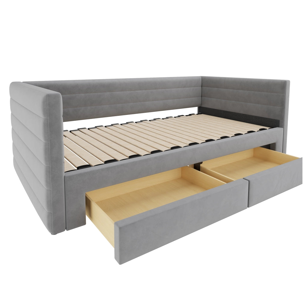 Letto imbottito 90x190 cm estraibile 3 in 1 con cassetti in cotone e lino grigio