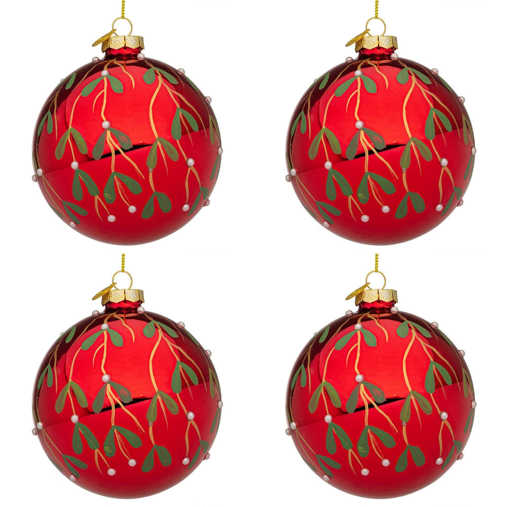 Palline di Natale in Vetro Rosse con Decorazione Verde Blade Diametro: 100 mm