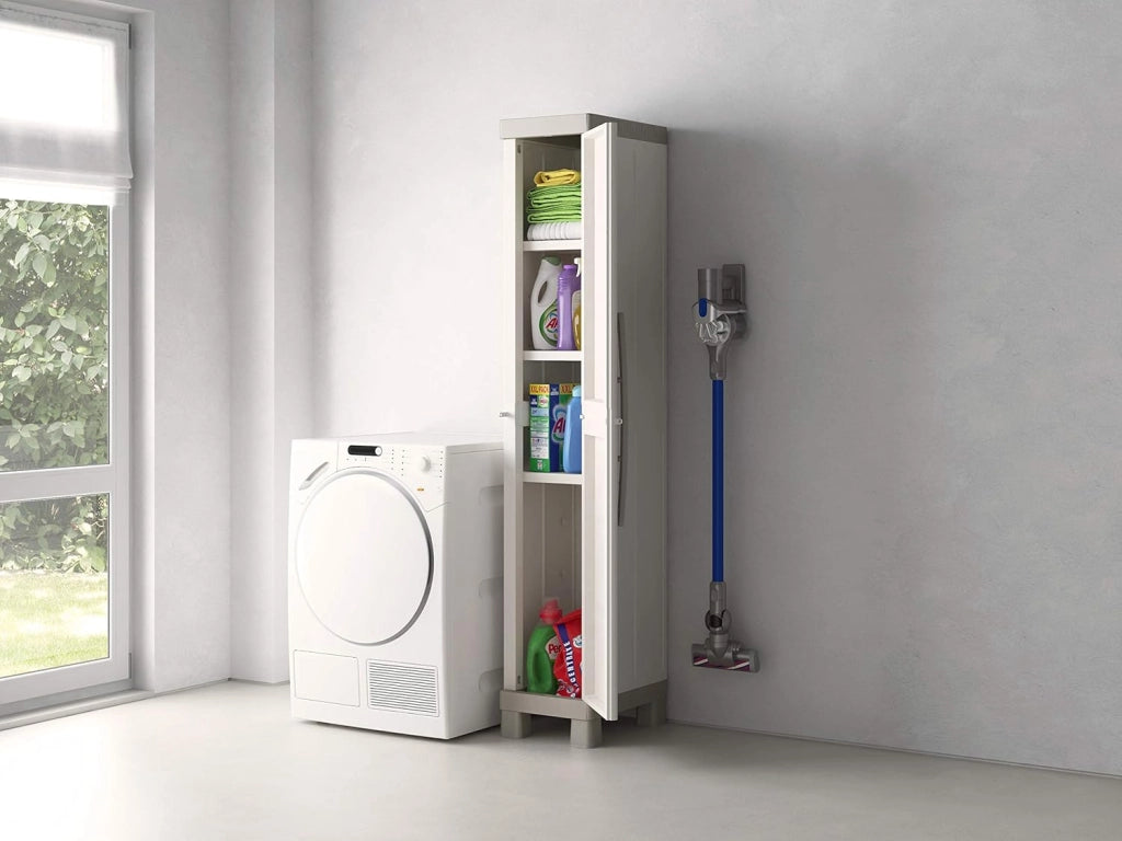 Armadio Alto a 1 Anta in Resina con 4 Ripiani Regolabili e Chiusura Lucchettabile Colore Grigio e Nero Excellence Keter