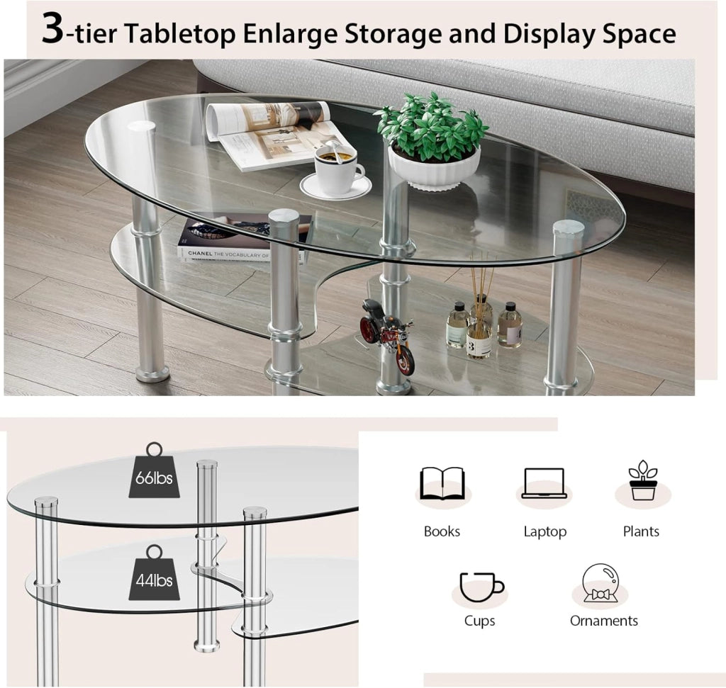 Tavolino da Divano, a 3 Ripiani in Vetro Temperato, Struttura in Metallo, Design Moderno, Trasparente, Ideale per Soggiorno e Ufficio, Portata di 50 kg, 90x50x45 cm (Bianco)