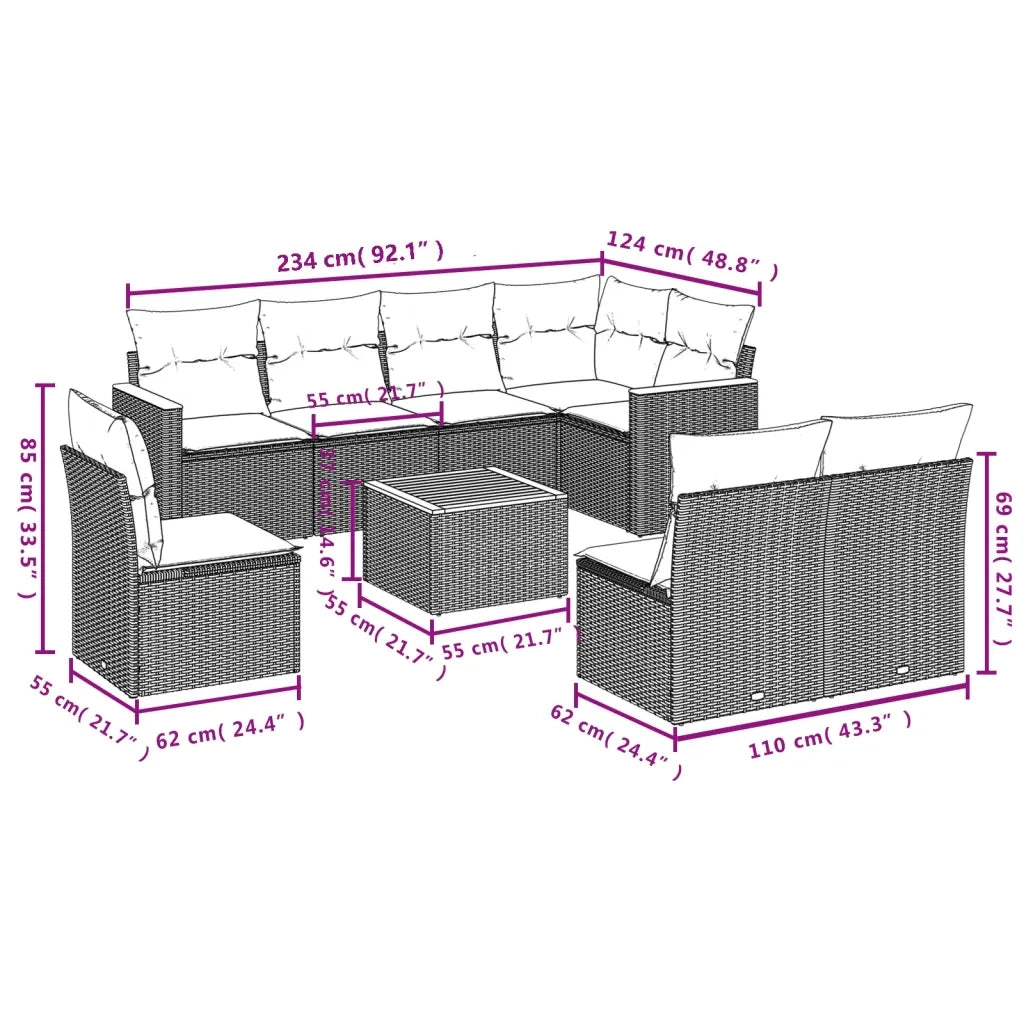 Set Divano da Giardino 9 pz con Cuscini Beige in Polyrattan 3258453
