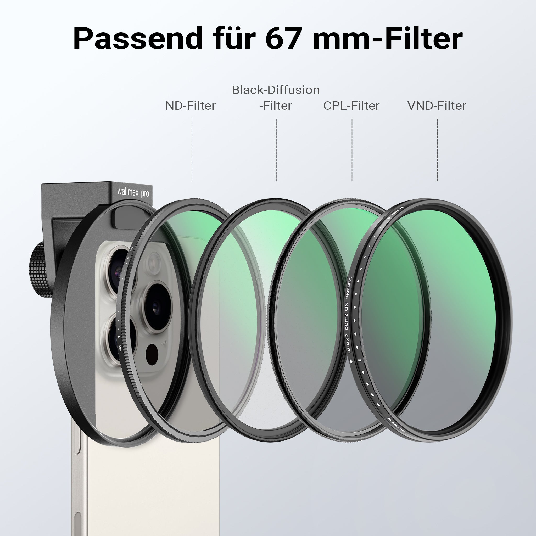 Portafiltro per smartphone, supporta filtri fotografici diffusione ND polarizzatore da 67 mm, attacco cold shoe per LED e microfono, accessorio per fotografia con cellulare