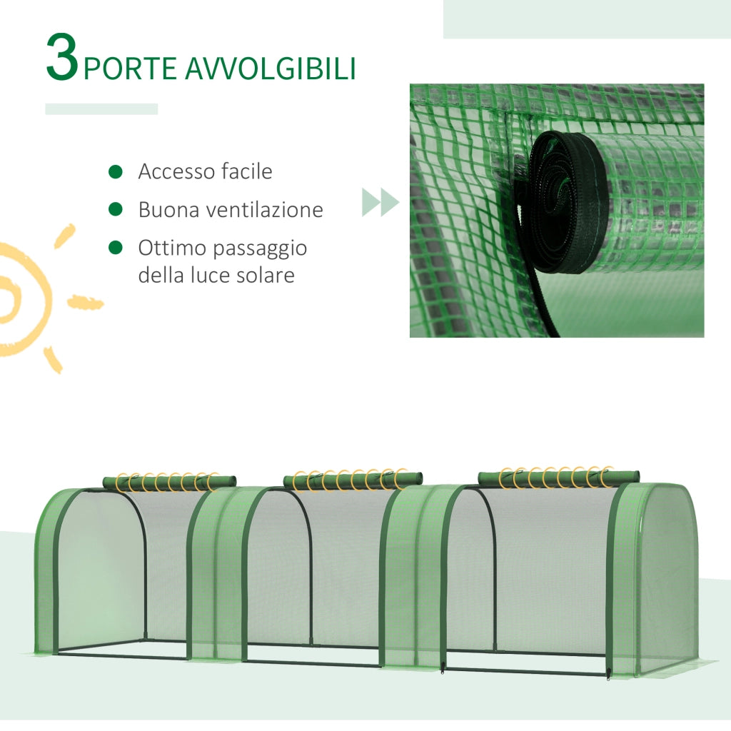 Serra da Giardino a Tunnel in Acciaio e Plastica PP con Porte Avvolgibili, 295x100x80 cm, Verde