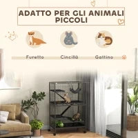 Gabbia per Roditori con 4 Ingressi a Livelli Multipli con Amaca, in Metallo e PP, 80x52x128 cm, Argento e Grigio