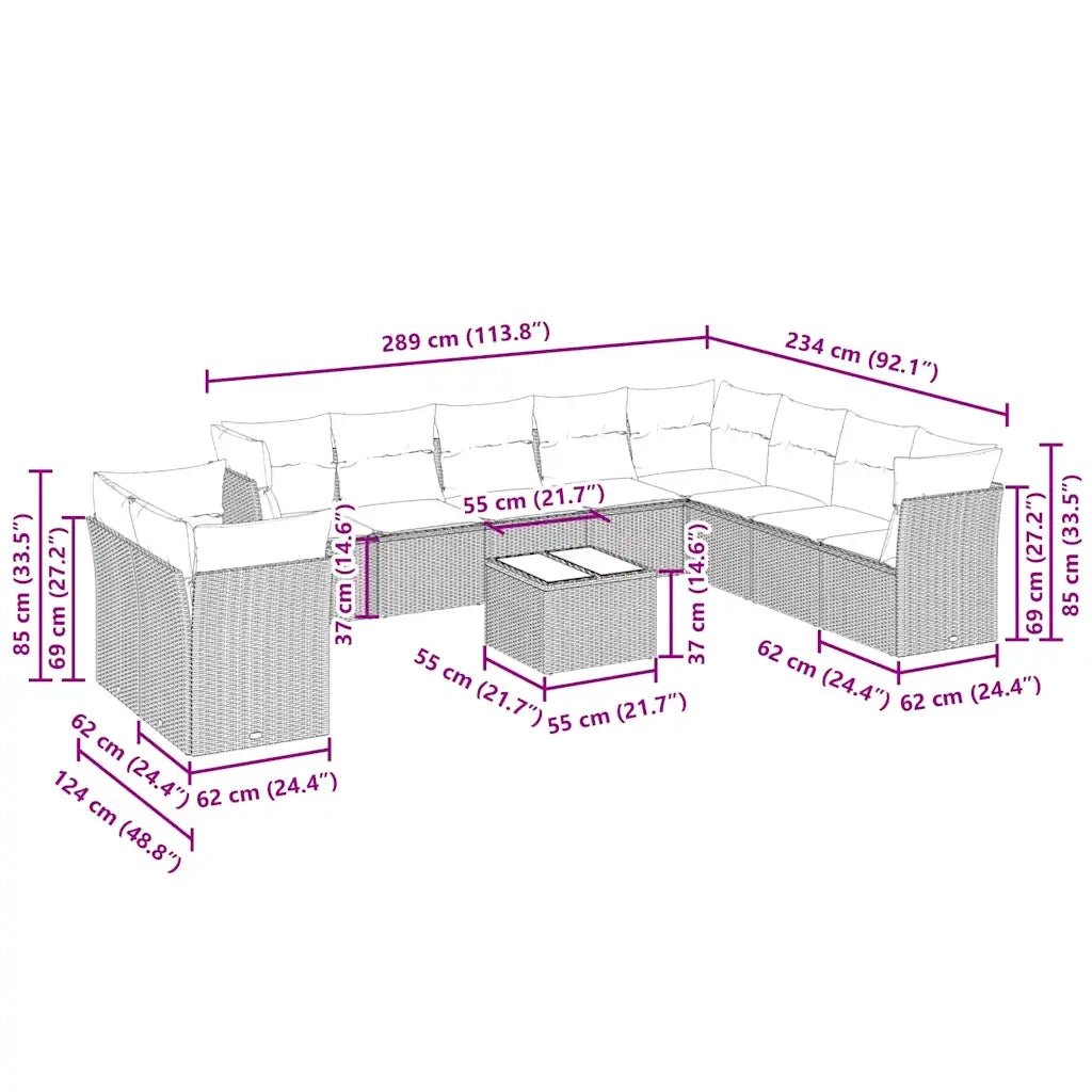 Set Divani da Giardino 11 pz con Cuscini in Polyrattan Grigio