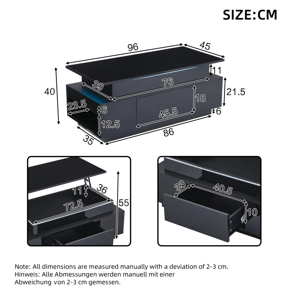 Tavolino da caffè 96x45x40 cm con piano sollevabile; LED e ampio vano contenitore in truciolato nero