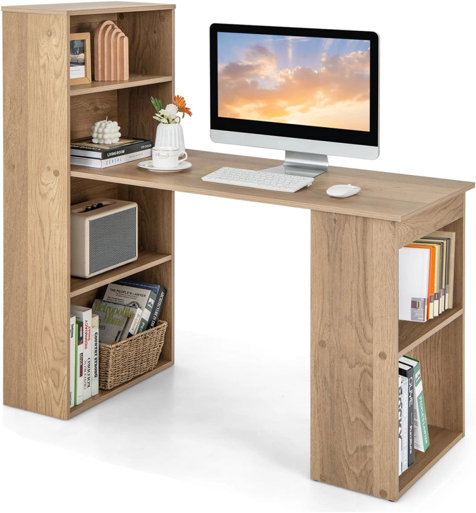 Scrivania per Computer con Libreria, Scrivania Moderna Porta PC con 6 Ripiani, Mobile Scrivania con Ripiani Regolabile Ampia Base per Casa, Ufficio (naturale)