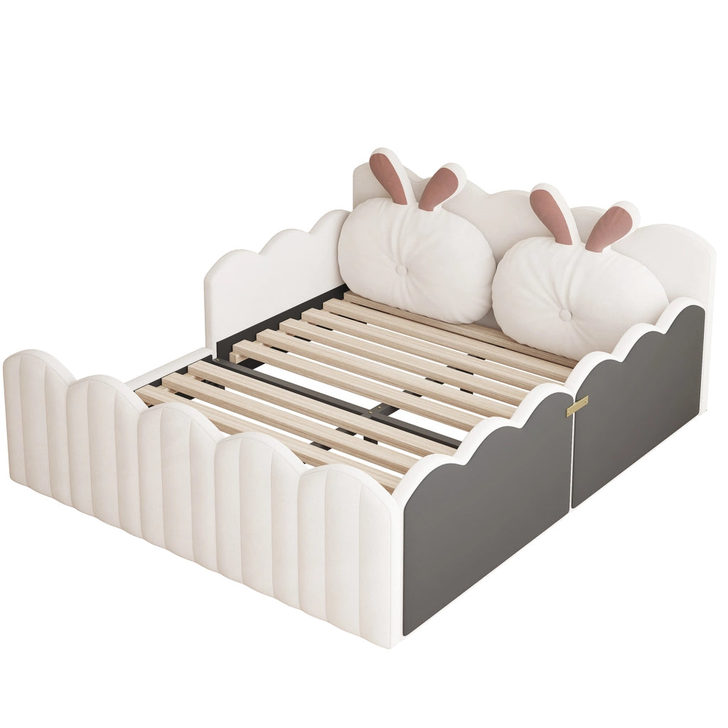 Letto imbottito beige 140x200 con sponde anticaduta e cuscini a coniglio