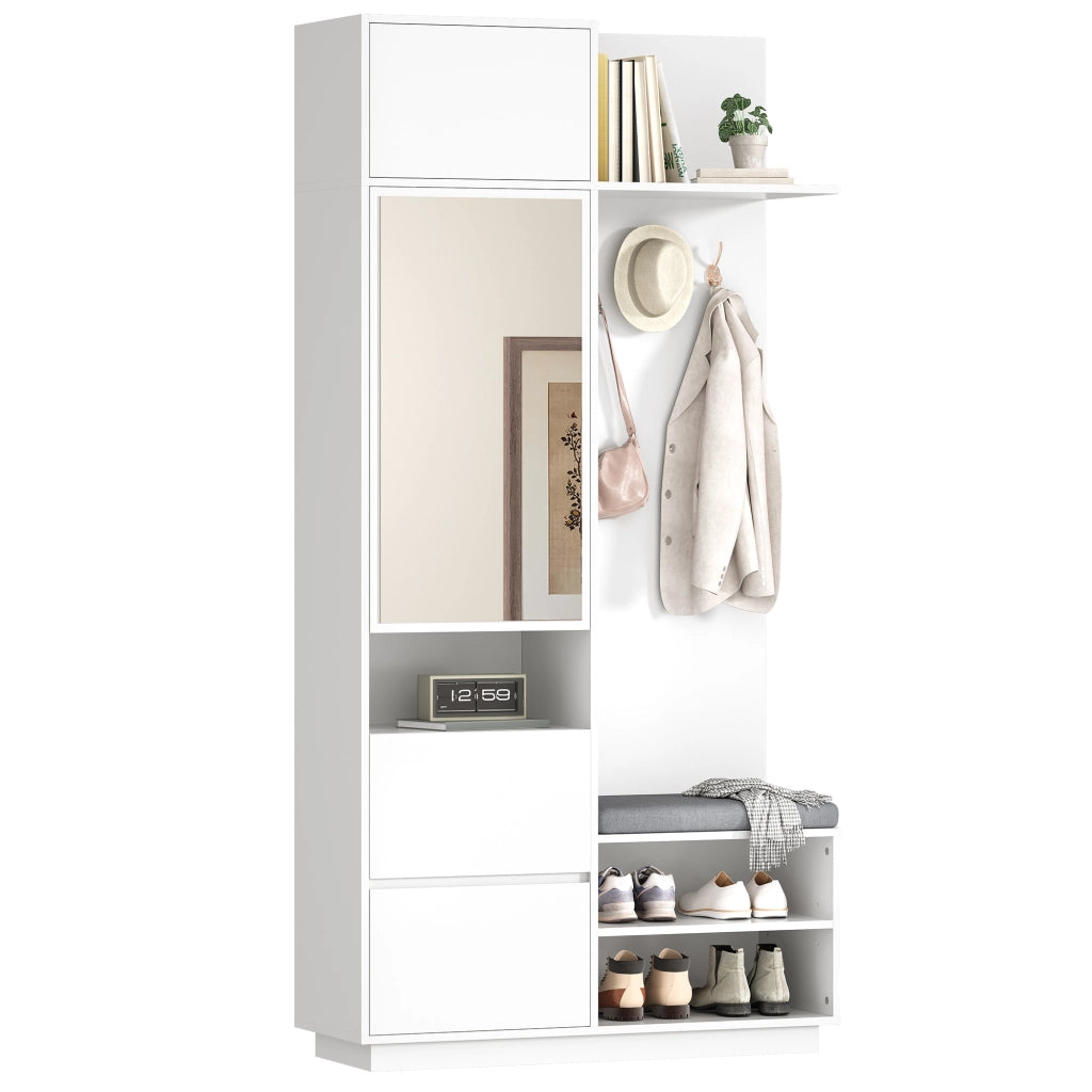 Mobile Ingresso con Specchio e Panca; Scarpiera con Ganci; Cassetti e Ripiani; Stile Moderno; in MDF; Bianco; 90??34;5??190 cm