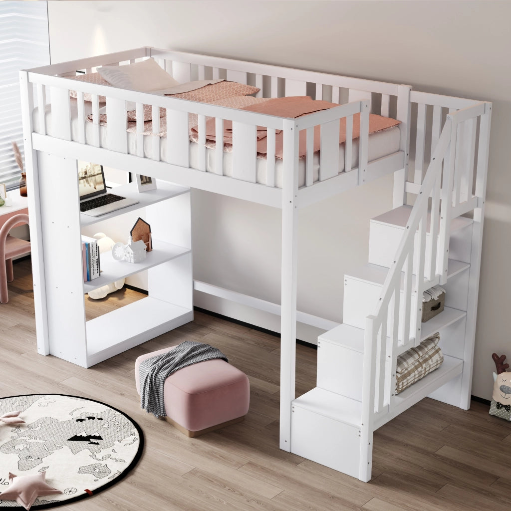 Letto a castello bianco in legno di pino con scala portaoggetti 90x200 cm