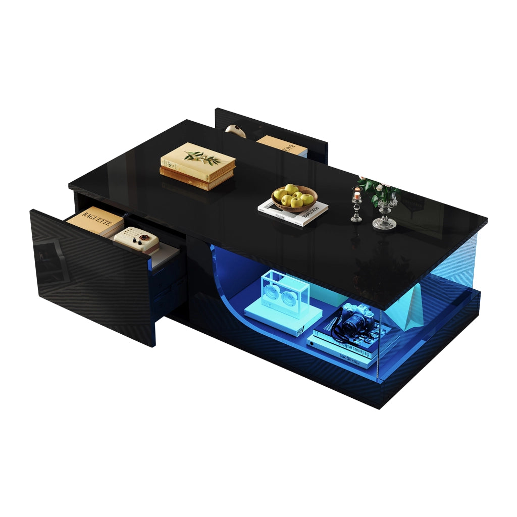 Tavolino da salotto 100x50x30 cm con LED e 2 cassetti; MDF; nero
