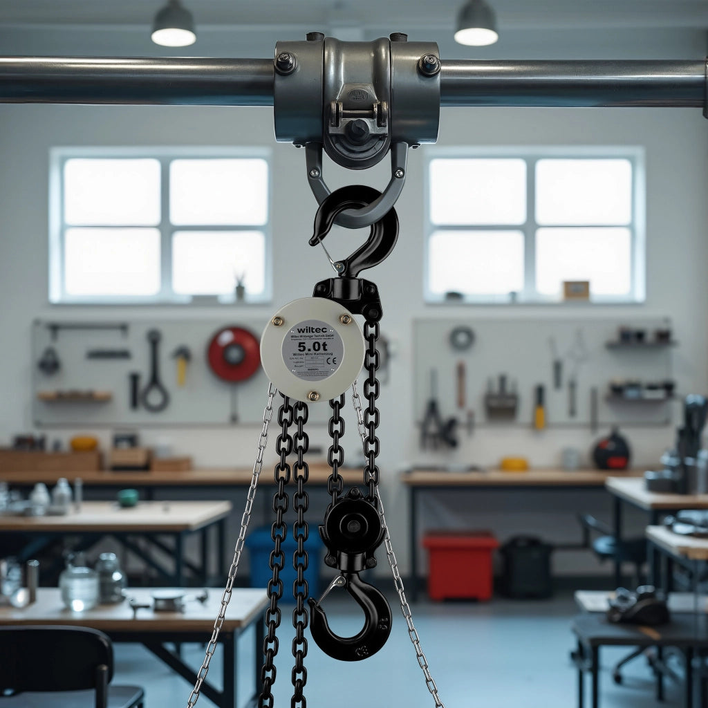 Mini paranco a catena manuale VSK-5, capacità di carico 5 t, altezza di sollevamento 5 m, per sollevare e abbassare carichi pesanti in officine, magazzini e cantieri, per impieghi gravosi