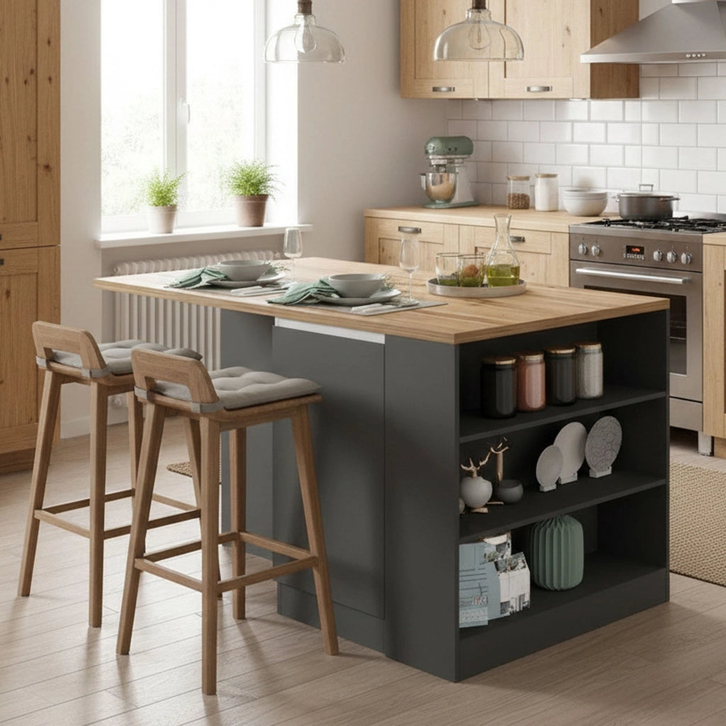 Isola da cucina Abern, Tavolo ausiliario portaoggetti, Mobile da cucina a 2 ante, 100% Made in Italy, 160x90h90 cm, Antracite e Rovere