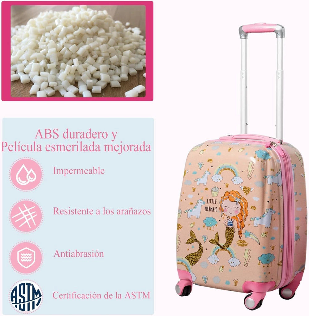 Set di Valigia 18’’ + Zaino 12’’ per Bambini 2 Pezzi, Bagagli 2-in-1 con Zainetto da Viaggio Aereo, Trolley con Maniglia Telescopica e 4 Ruote a 360° (Rosa Sirena)