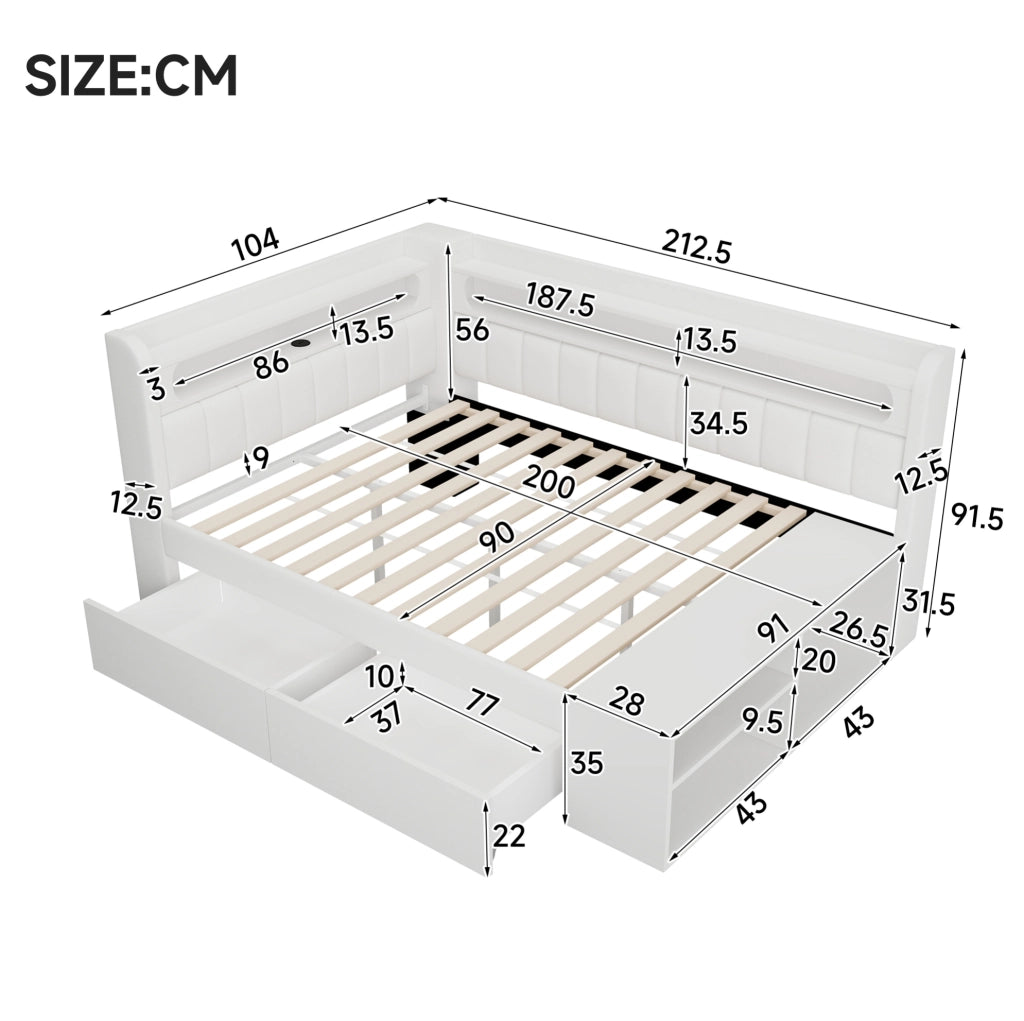 Letto imbottito 90x200 cm con LED; USB; due cassetti e scarpiera; bianco