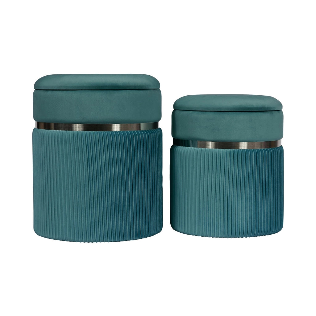 Set di 2 Pouf Contenitore Zora in Velluto Petrolio e Argento