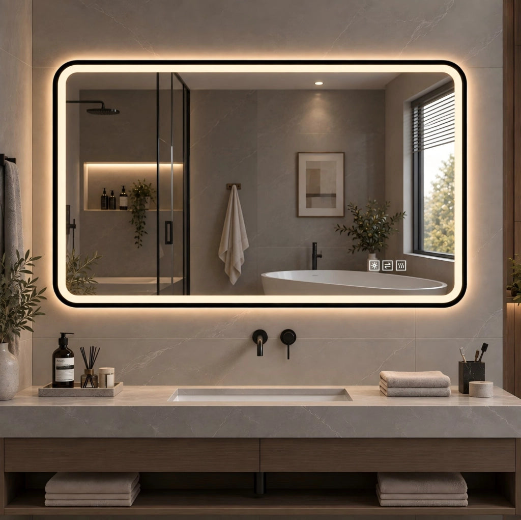 Specchio bagno LED ULEVR con cornice nera, antiappannamento, luce regolabile 3000K-6000K e memoria