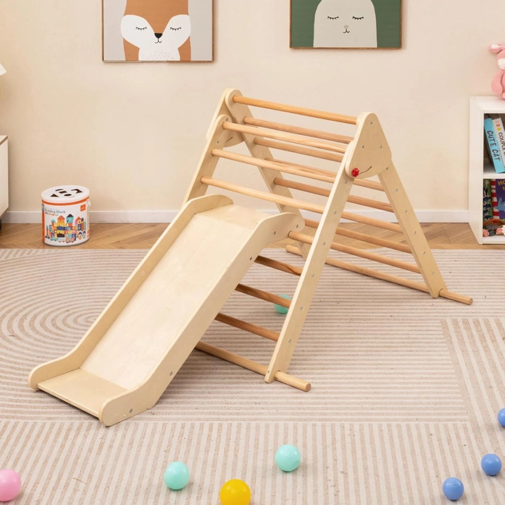 Triangolo di arrampicata pieghevole con rampetta scivolosa, Giocattolo montessori in legno triangolare per bambini  Naturale-Arrampicate e scivoli