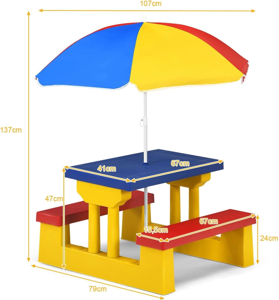 Tavolo da Picnic, Set di Tavolo e Sedie per Bambini con Parasole Pieghevole per Giardino/Terezzo/Parco, Bambini più di 3 Anni (Giallo + Rosso + Blu)