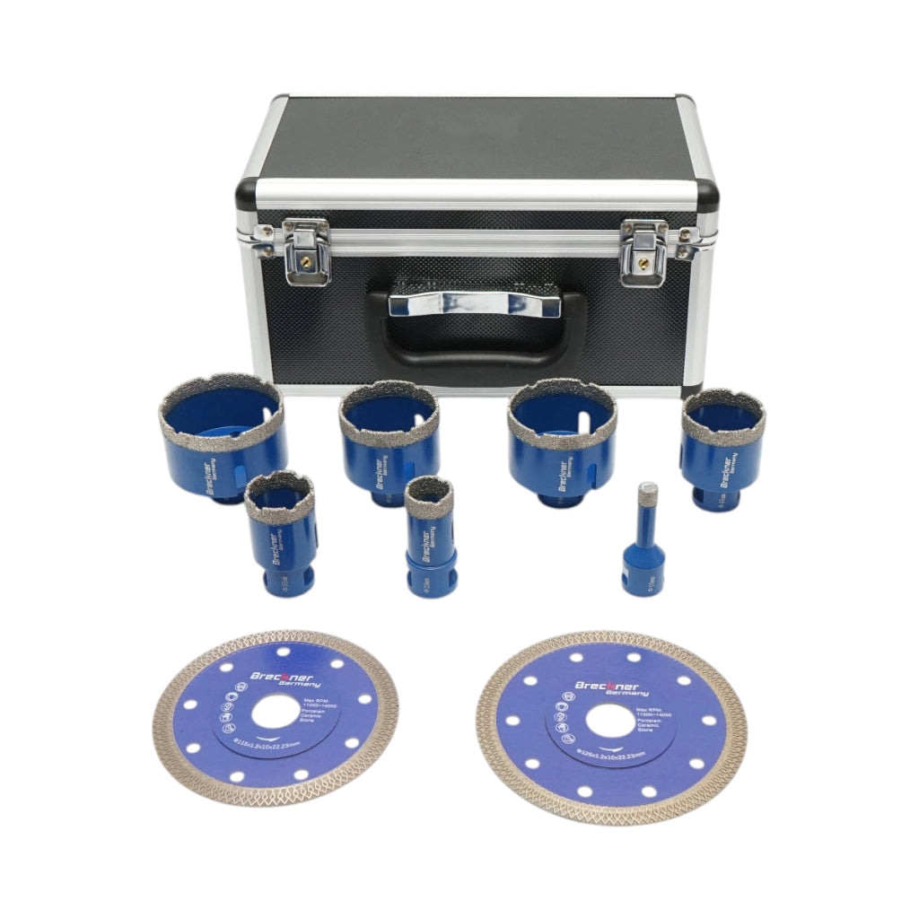 Set di 7 punte diamantate a corona da 10-68 mm, filettatura interna M14 + 2 dischi da 115 e 125 mm per piastrelle in ceramica, marmo e granito Breckner Germany