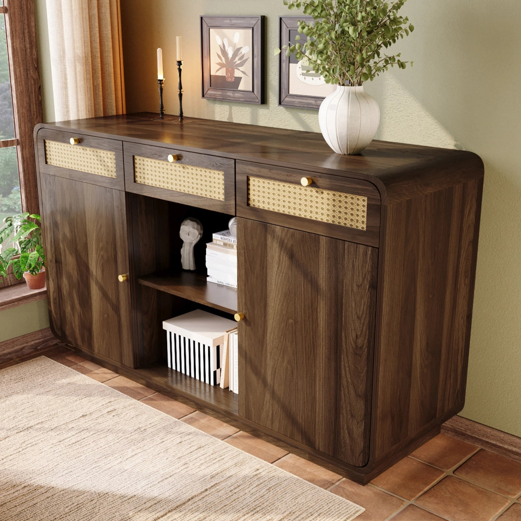 CREDENZA 120x40x85 cm Noce con 3 cassetti, rattan e 2 ante