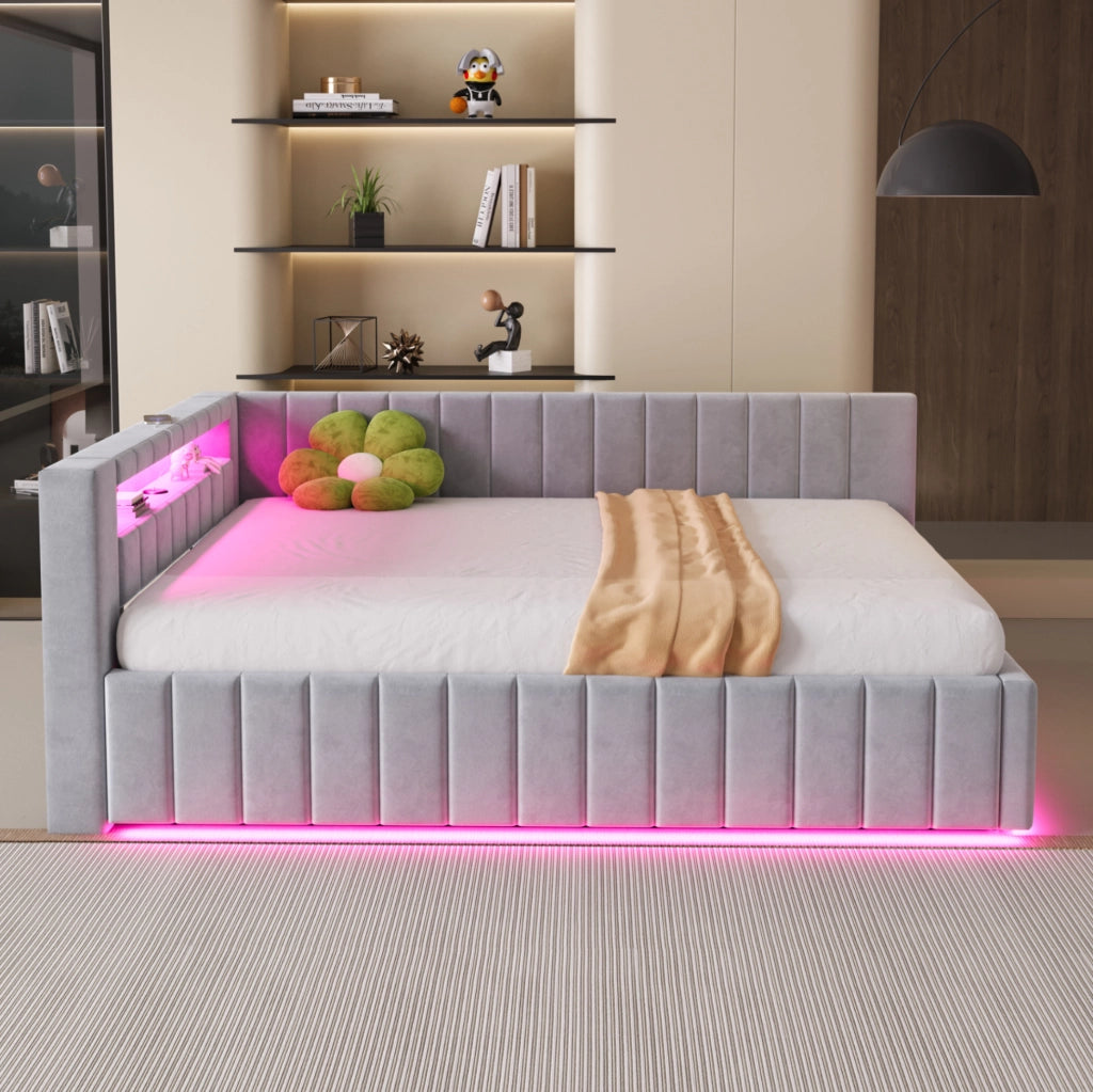 Letto imbottito 140x200 cm con contenitore idraulico; LED e USB; velluto grigio (Senza materasso)