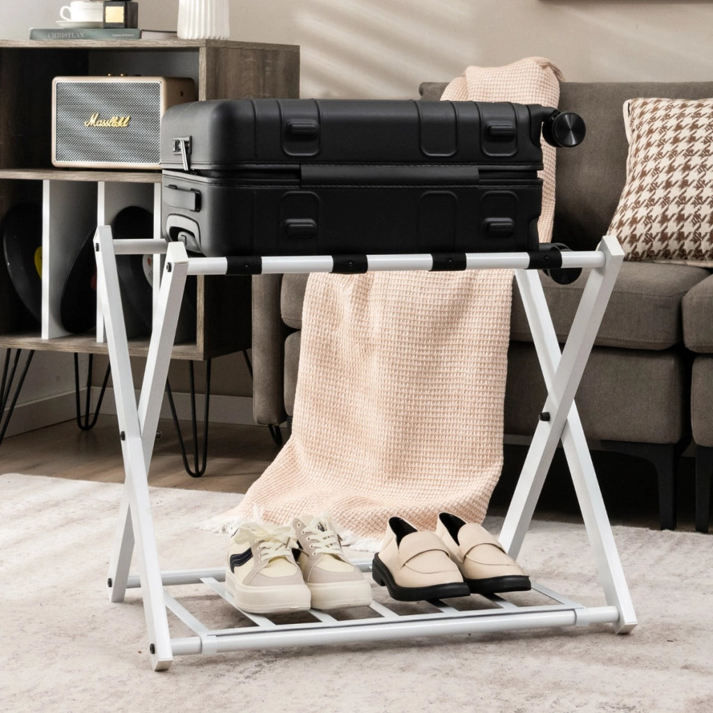 Set di 2 Portapacchi e bagagli in ferro con spazio superiore inferiore, Portapacchi pieghevole 68x43x56cm Bianco-Attrezzatura da campeggio